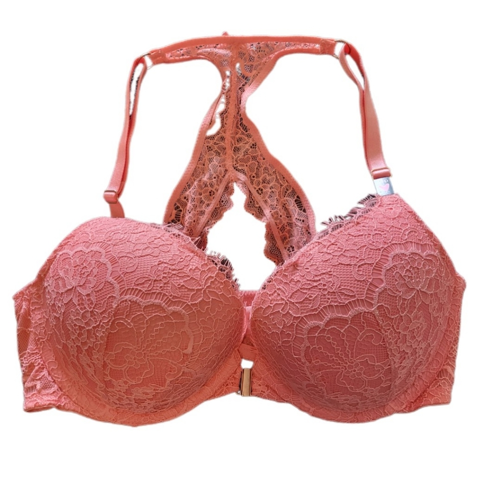 NWT, Victoria's Secret Front Closure Bra Sz 34D Push-up Racer Back Lace